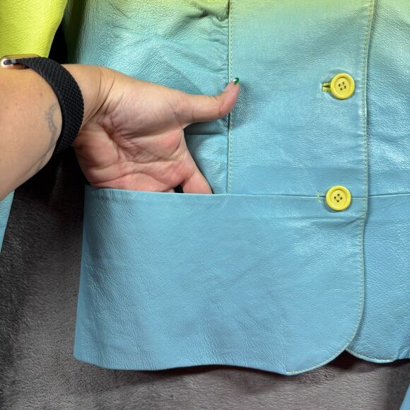 Metrostyle Women Vintage 90s Leather Suit Pants Jacket Ombre Lime Aqua Size 12 - Picture 3 of 12